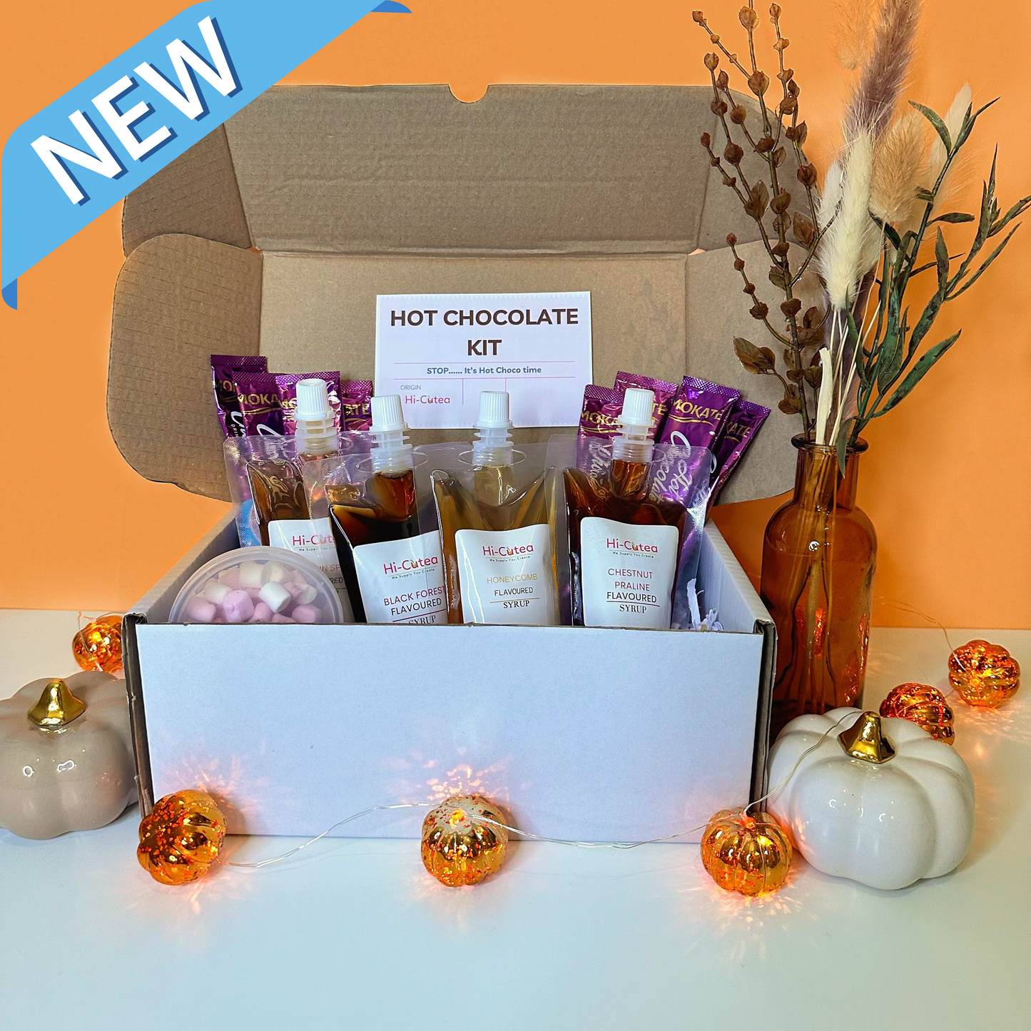 Autumn Hot Chocolate Kit with Black Forest, Pumpkin Spice, Honeycomb, Chestnut Praline Syrups and Marshmallows makes 8 drinks